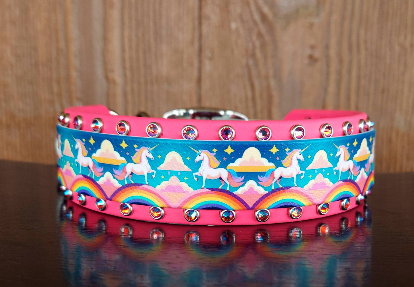 Rainbows and Unicorns Buckle Collar, PINK crystals